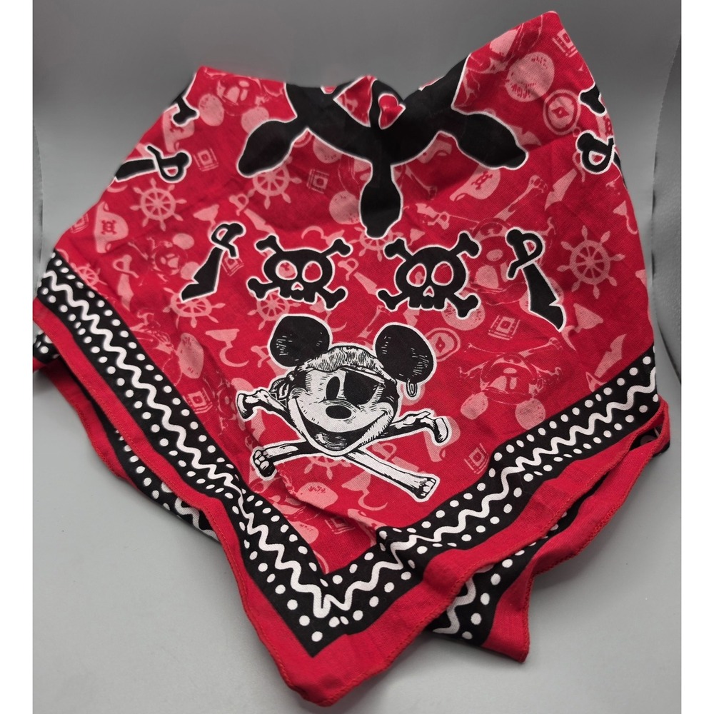Disney Mickey Mouse Pirate Bandana Red Black Skull Crossbones 100% Cotton 20"